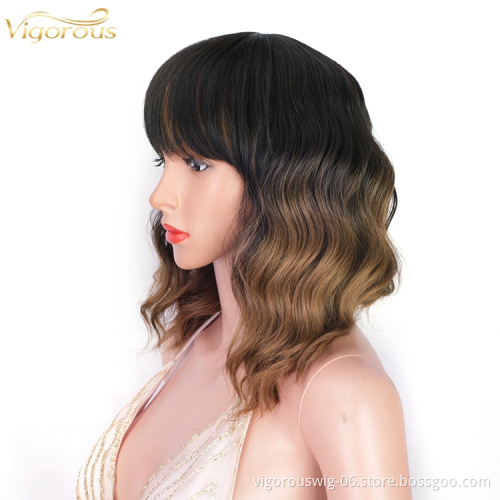 Black Root Ombre Bob Cut Fiber Lace Front Loose Wave Ombre For Women Short Synthetic Hair Brown Wigs High Quality